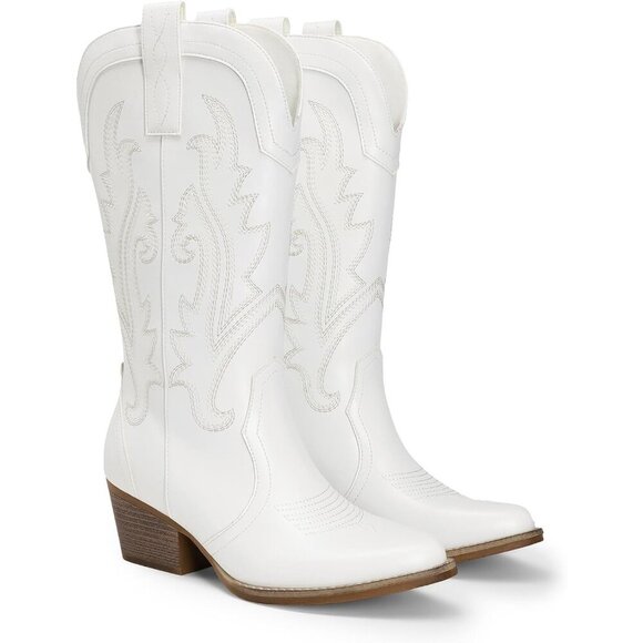 Brand New  Women's White  Leather Chunky Heel Embroidery Stitched Western Boots - Picture 3 of 7